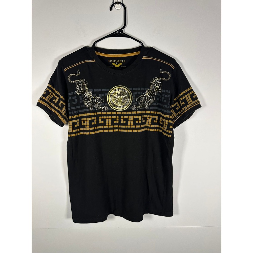 Bucheli T-Shirt Mens L Black Gold Tiger Medusa Graphic Crewneck Short Stretch